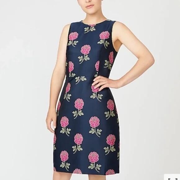 NEW J Crew Sheath Sleeveless Navy Dress in Floral Jacquard - Picture 1 of 8